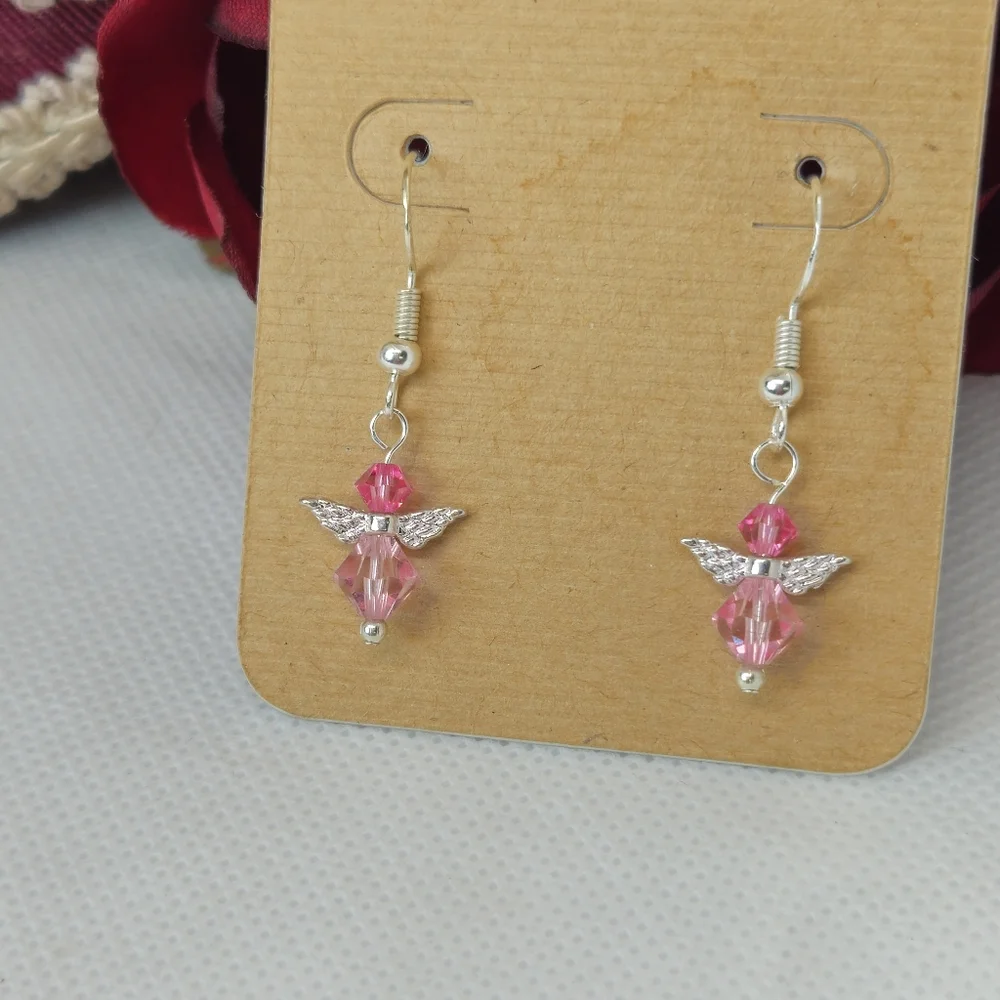 Handmade Pink AB Crystal Guardian Angel Sterling Silver Earrings Handmade by me! - Picture 2 of 14